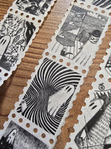 The second of two tapes from the Creative Spirits series by Jon Turner, little ghosties taking you on an eclectic tour of art history. This roll features ghosts inspired by Bridget Riley, Rene Magritte, Hilma Af Klimt, Georgia O'Keeffe, Salvador Dali, Paul Cezanne, Pablo Picasso, Georges Seurat, MC Escher, and Jean-Michel Basquiat.

Perforated to look like a roll of postage stamps, this washi tape features a repeating pattern of ten designs in portrait format from hand-drawn pen and ink artwork, recreated i