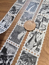 The second of two tapes from the Creative Spirits series by Jon Turner, little ghosties taking you on an eclectic tour of art history. This roll features ghosts inspired by Bridget Riley, Rene Magritte, Hilma Af Klimt, Georgia O'Keeffe, Salvador Dali, Paul Cezanne, Pablo Picasso, Georges Seurat, MC Escher, and Jean-Michel Basquiat.

Perforated to look like a roll of postage stamps, this washi tape features a repeating pattern of ten designs in portrait format from hand-drawn pen and ink artwork, recreated i