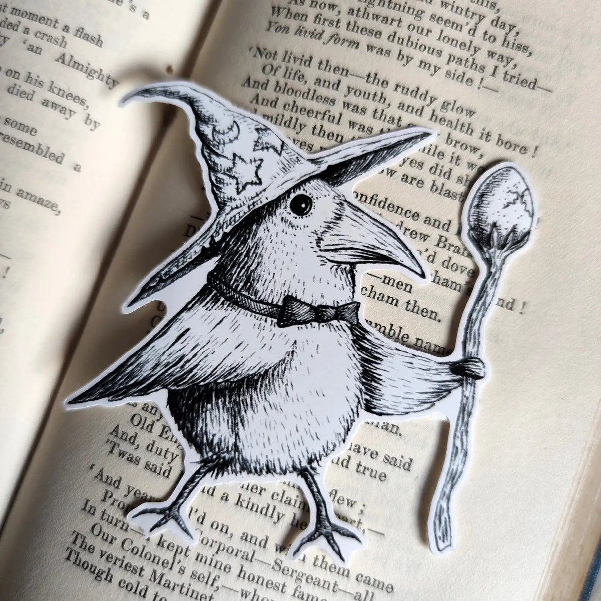 Sticker featuring a wizard bird with a magical egg staff, from my original pen and ink artwork.

Die-cut vinyl sticker, suitable for interior or exterior use. A sticker featuring a little spirit soaring high on the back of a crow, from original pen and ink artwork by Jon Turner.