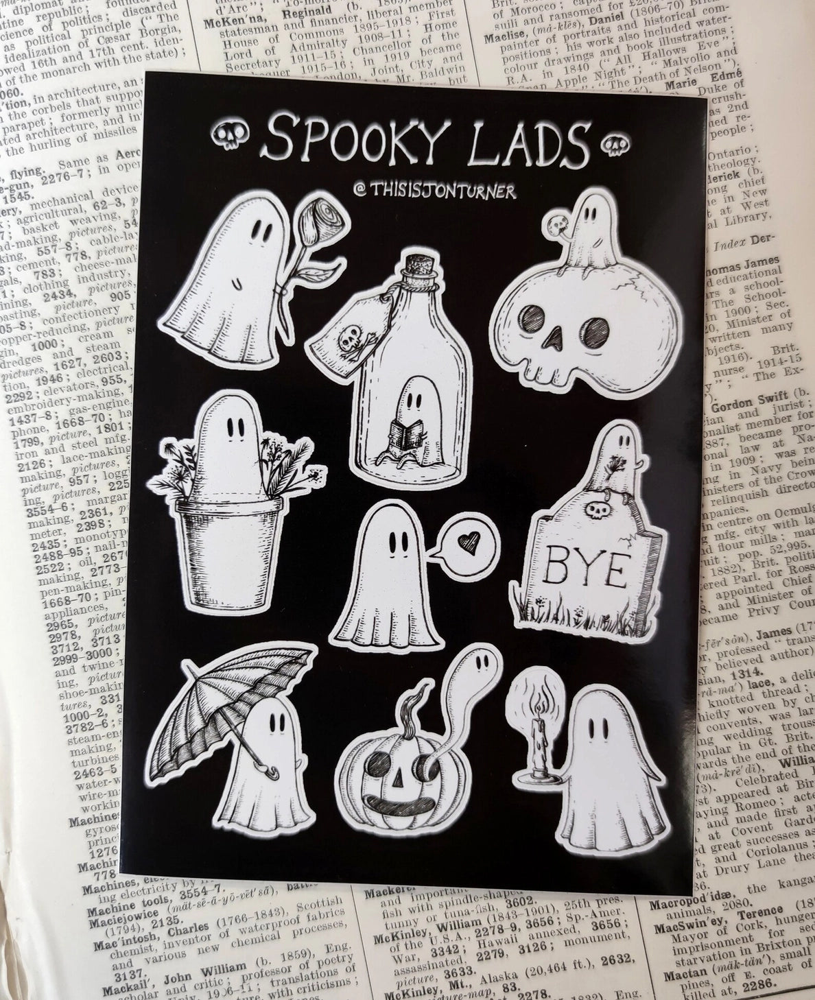 A collection of nine mini ghosts being spooky but generally wholesome, from original ink artwork by Jon Turner.

On an A6 (105x148mm) sized vinyl sheet.

Each sticker is kiss cut for easy peeling and sticking to your laptop, phone, lunchbox, notebook or any other surface you feel needs a bit of spookification.