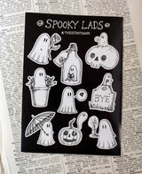 A collection of nine mini ghosts being spooky but generally wholesome, from original ink artwork by Jon Turner.

On an A6 (105x148mm) sized vinyl sheet.

Each sticker is kiss cut for easy peeling and sticking to your laptop, phone, lunchbox, notebook or any other surface you feel needs a bit of spookification.