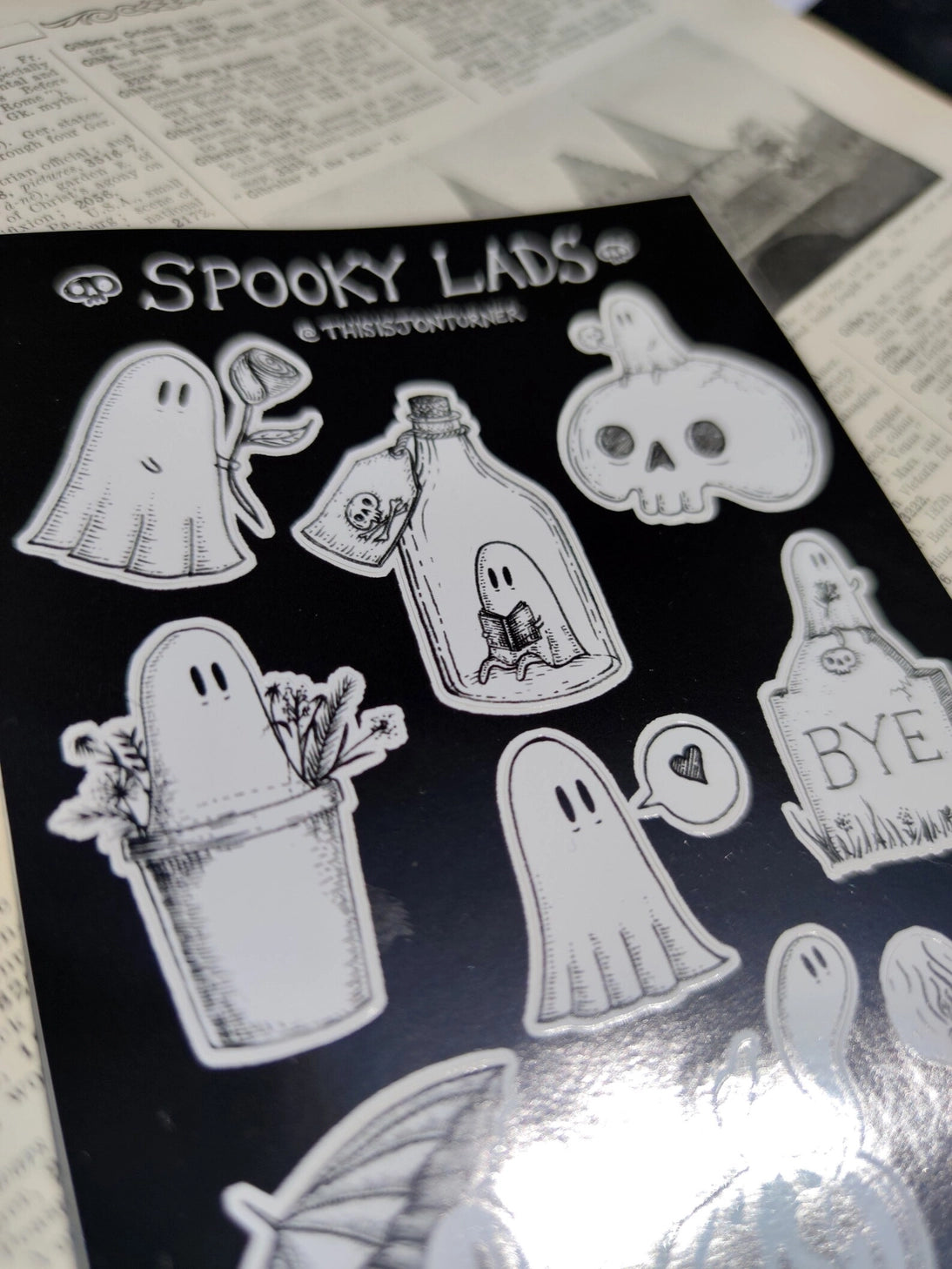 A collection of nine mini ghosts being spooky but generally wholesome, from original ink artwork by Jon Turner.

On an A6 (105x148mm) sized vinyl sheet.

Each sticker is kiss cut for easy peeling and sticking to your laptop, phone, lunchbox, notebook or any other surface you feel needs a bit of spookification.