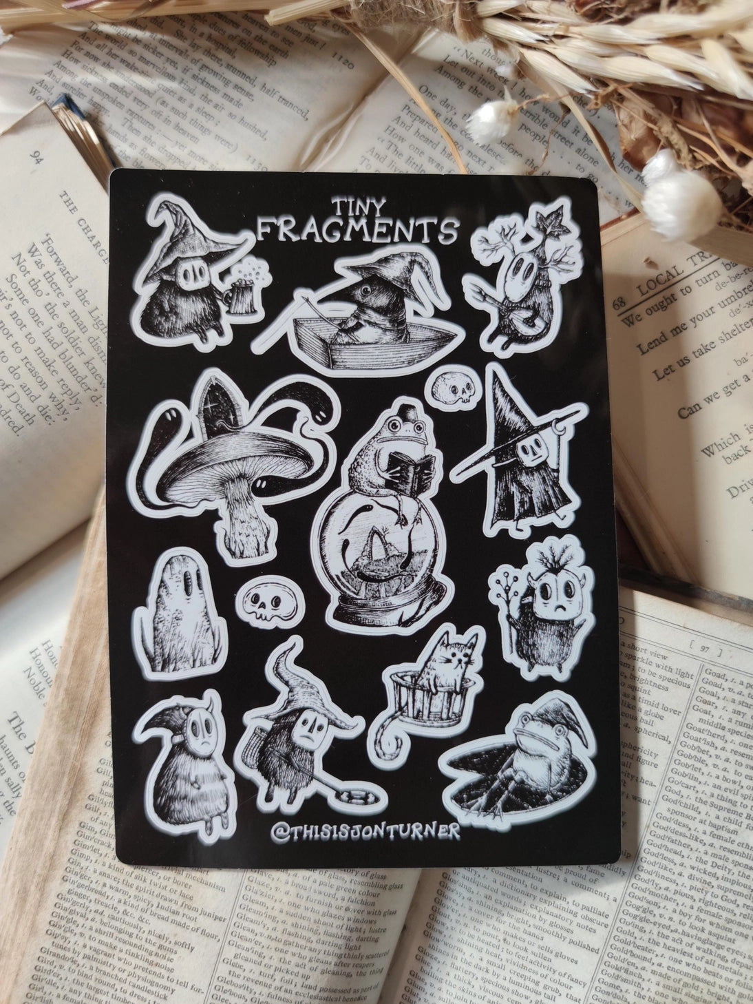 Fourteen tiny spooky sticker pals, from my book Fragmnets, to decorate your laptop, phone, lunchbox, notebook or any other surface you feel needs a bit of fantasy flair.

On an A6 (105x148mm) sized vinyl sheet, each sticker is kiss cut for easy peeling.&nbsp;