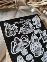 Fourteen tiny spooky sticker pals, from my book Fragmnets, to decorate your laptop, phone, lunchbox, notebook or any other surface you feel needs a bit of fantasy flair.

On an A6 (105x148mm) sized vinyl sheet, each sticker is kiss cut for easy peeling.&nbsp;