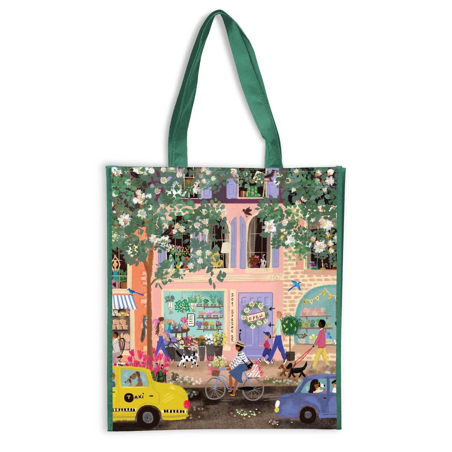 Joy Laforme’s bestselling Spring Street image has been adapted into this reusable tote to brighten the everyday. The Joy Laforme Spring Street Reusable Shopping Bag is a low-price alternative to single-use plastic bags; the perfect combination of style and function!