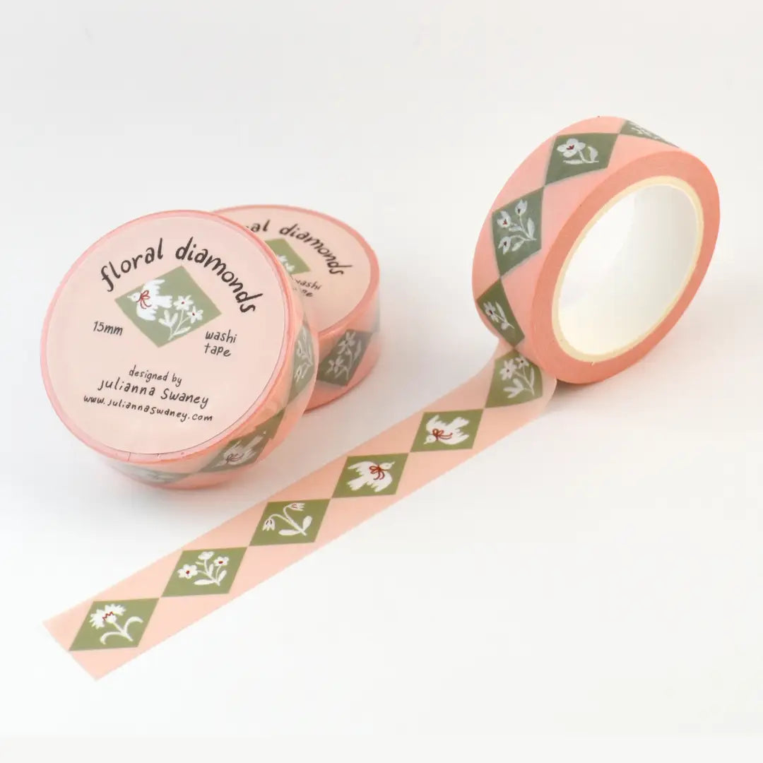 This delightful washi tape features a design of diamonds inset with different flowers and charming flying birds with bows