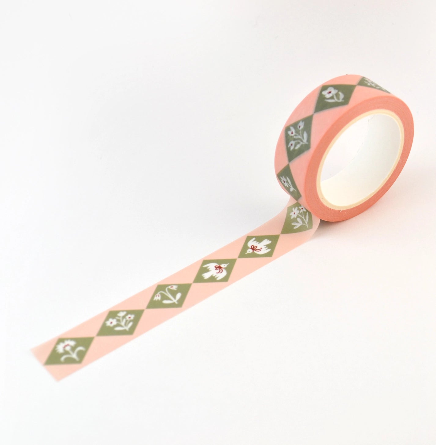 This delightful washi tape features a design of diamonds inset with different flowers and charming flying birds with bows