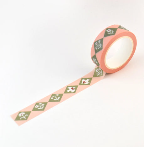 This delightful washi tape features a design of diamonds inset with different flowers and charming flying birds with bows