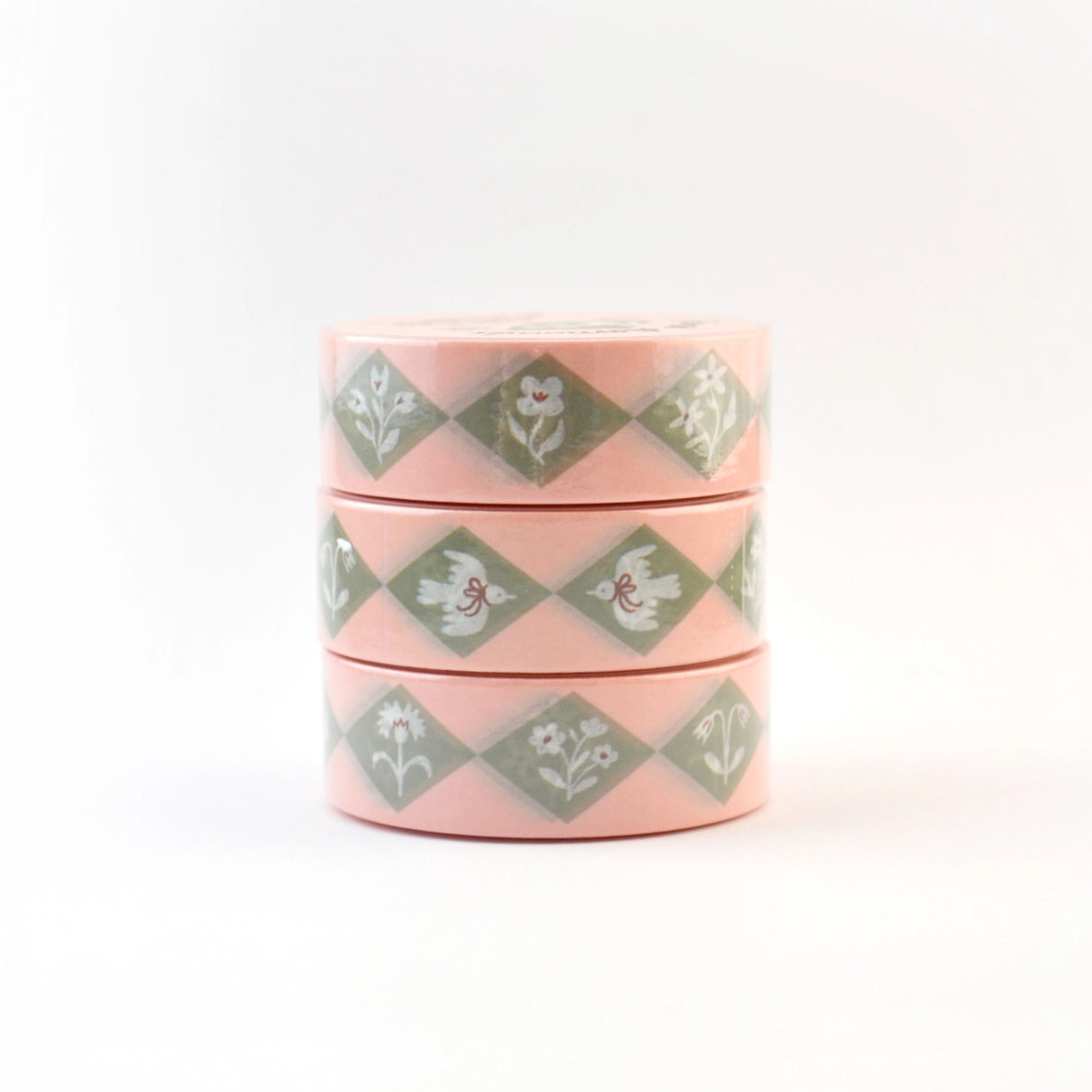 This delightful washi tape features a design of diamonds inset with different flowers and charming flying birds with bows