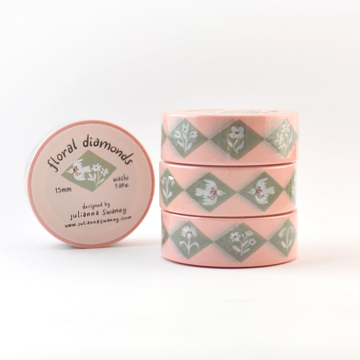 This delightful washi tape features a design of diamonds inset with different flowers and charming flying birds with bows
