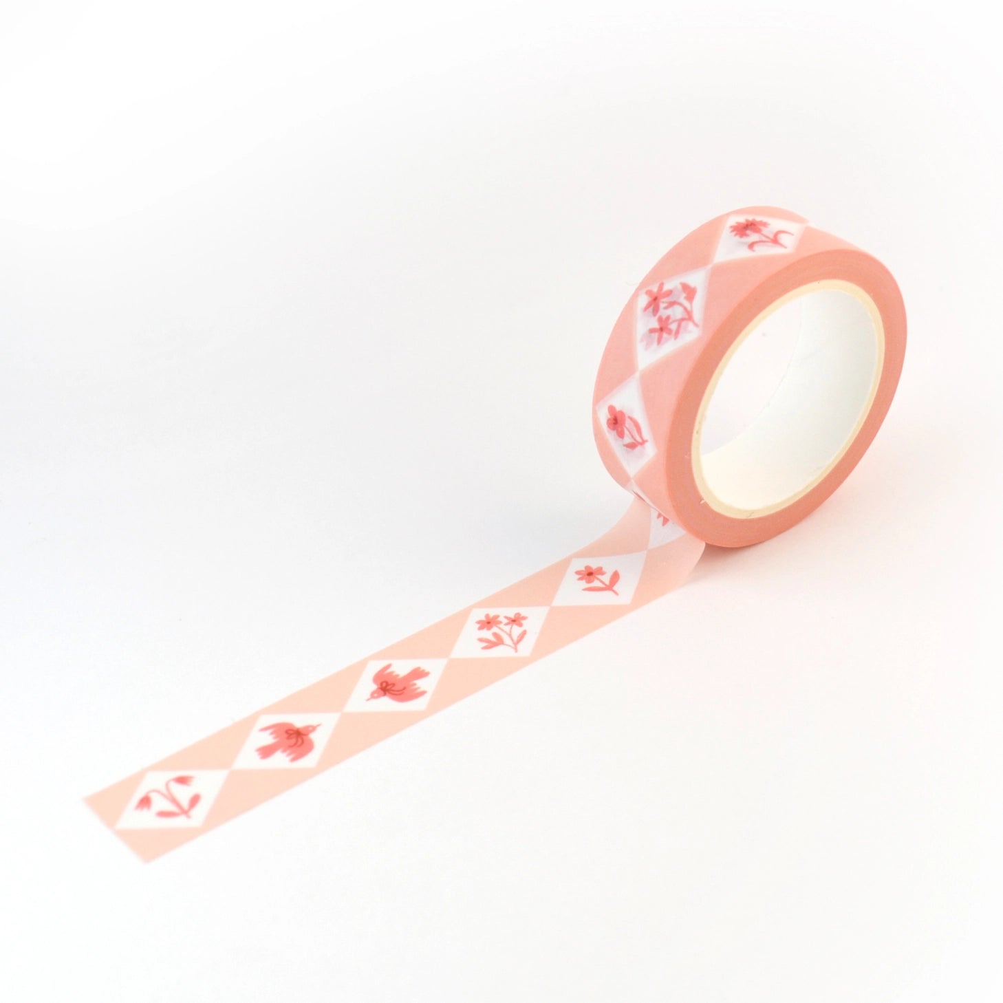 This delightful washi tape features a design of diamonds inset with different flowers and charming flying birds with bows