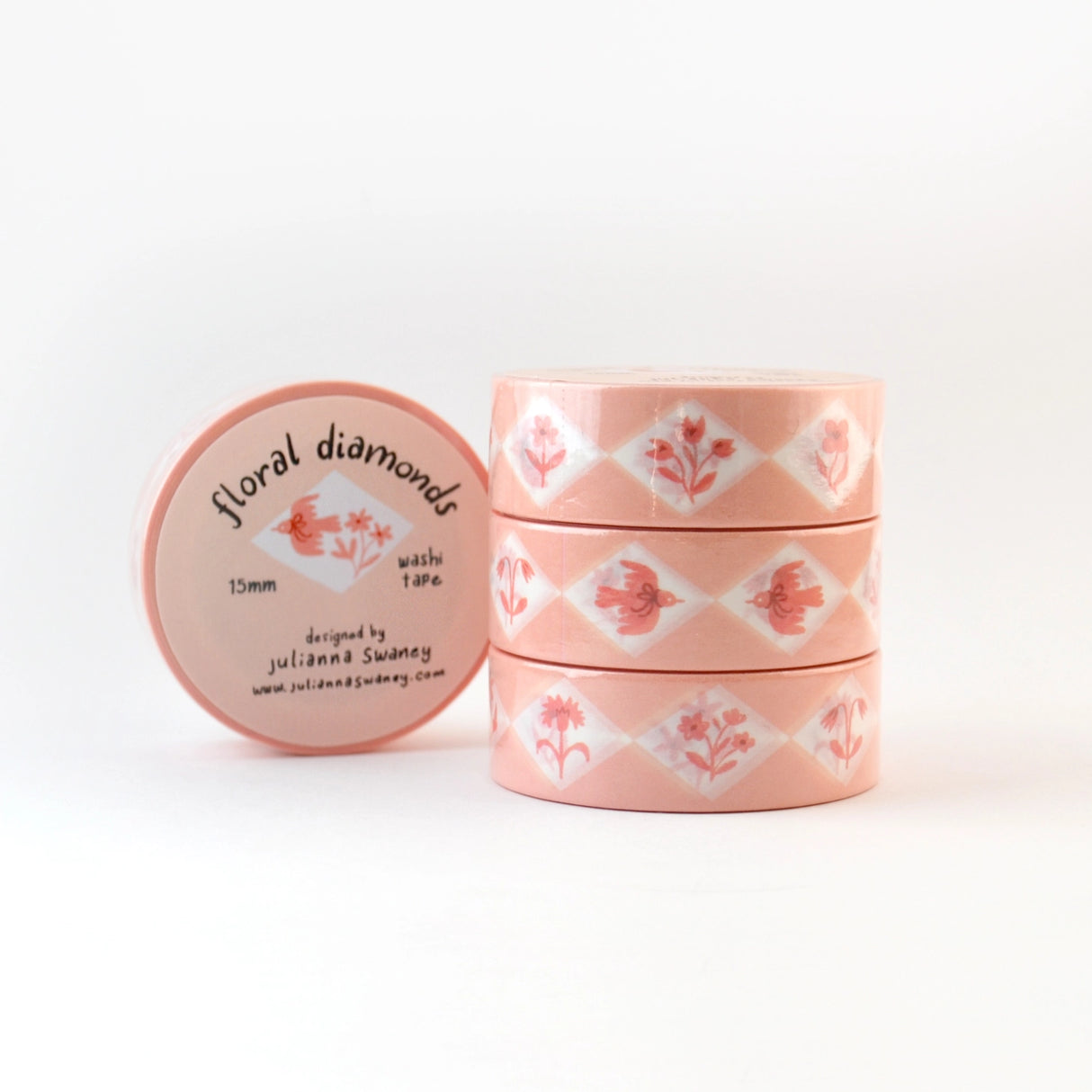 This delightful washi tape features a design of diamonds inset with different flowers and charming flying birds with bows