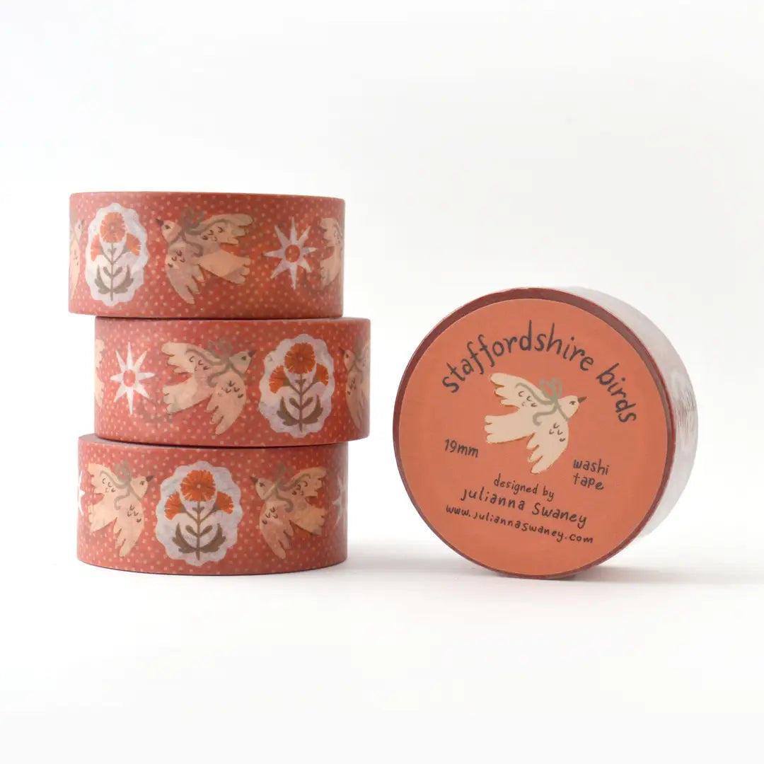 This pretty washi tape is made from my original illustrations and it features a sweet pair of birds, and an English textile inspired pattern of flowers, stars and polka dots over a background of dark pink