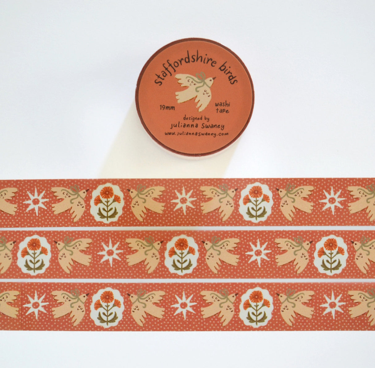 This pretty washi tape is made from my original illustrations and it features a sweet pair of birds, and an English textile inspired pattern of flowers, stars and polka dots over a background of dark pink