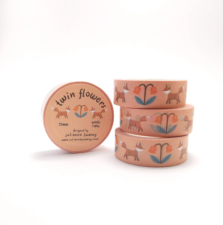This pretty washi tape is made from my original illustrations and it features a repeating motif of twin flowers and foxes.