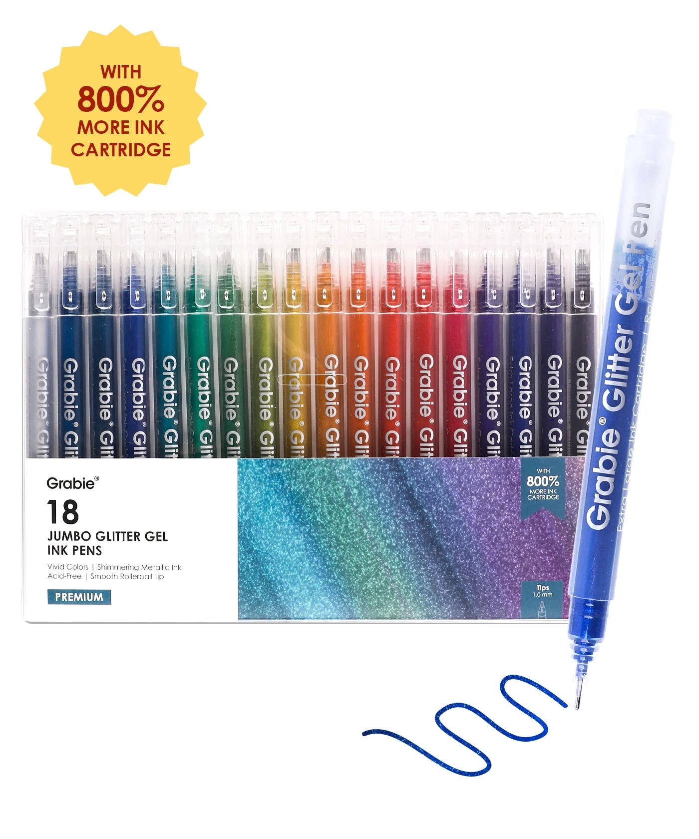 Unleash your creativity and add a touch of sparkle to your artistic endeavors with the upgraded Grabie Glitter Gel Pens. Now featuring an impressive array of 18 vibrant colors, these pens are enhanced with a staggering 800% more ink capacity, allowing you to create for hours without interruption. One pen is equivalent to an astonishing nine standard iridescent glitter gel pens, ensuring your imagination ignites with every stroke.&nbsp;