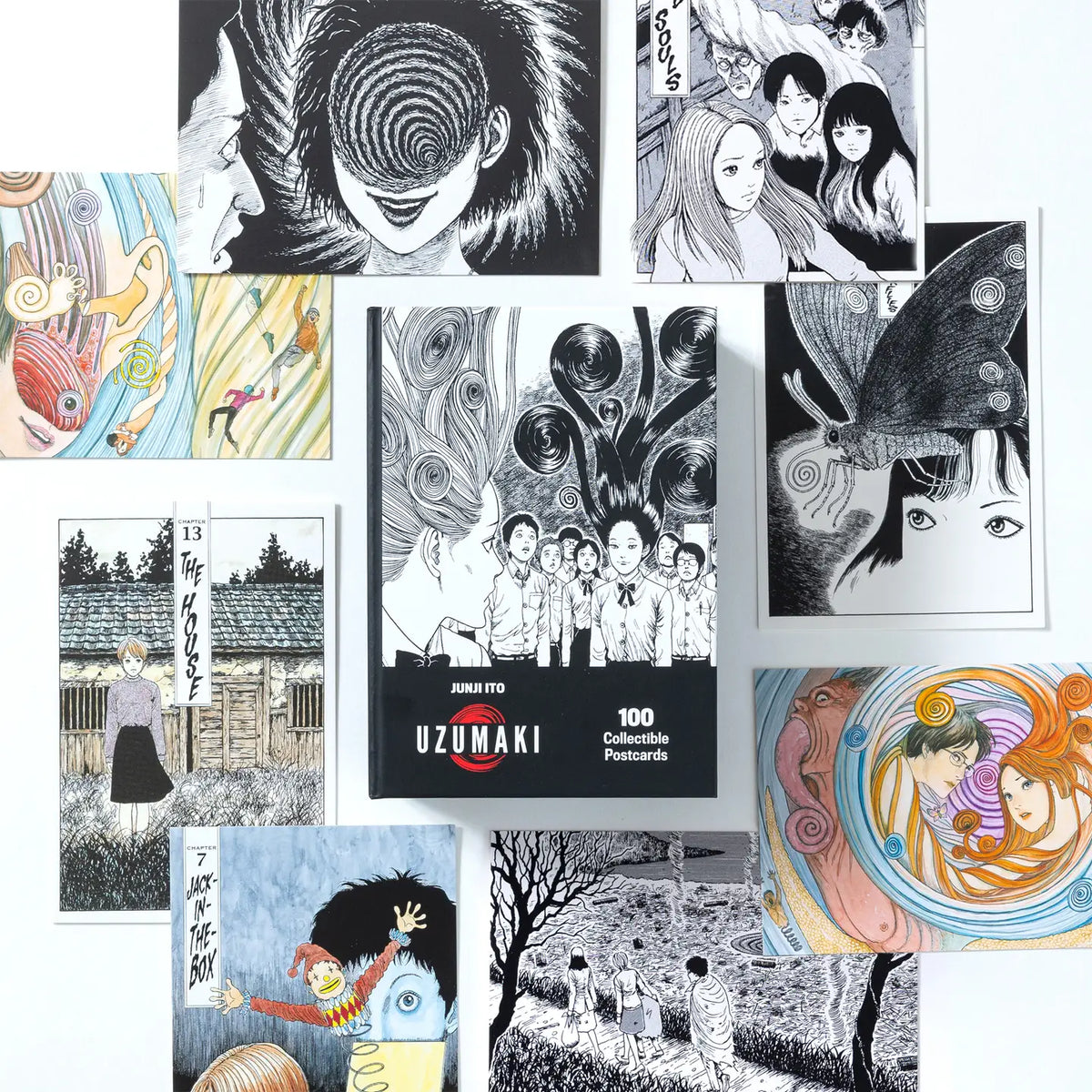 Spiral into horror with this deluxe, officially licensed set of 100 collectible postcards from legendary manga author Junji Ito. Each high-quality print showcases iconic artwork from Uzumaki, his bestselling manga series about a town cursed by spirals.

A four-time Eisner Award winner and New York Times bestselling author, Junji Ito has inspired generations of readers and creators with his legendary works of cosmic horror.