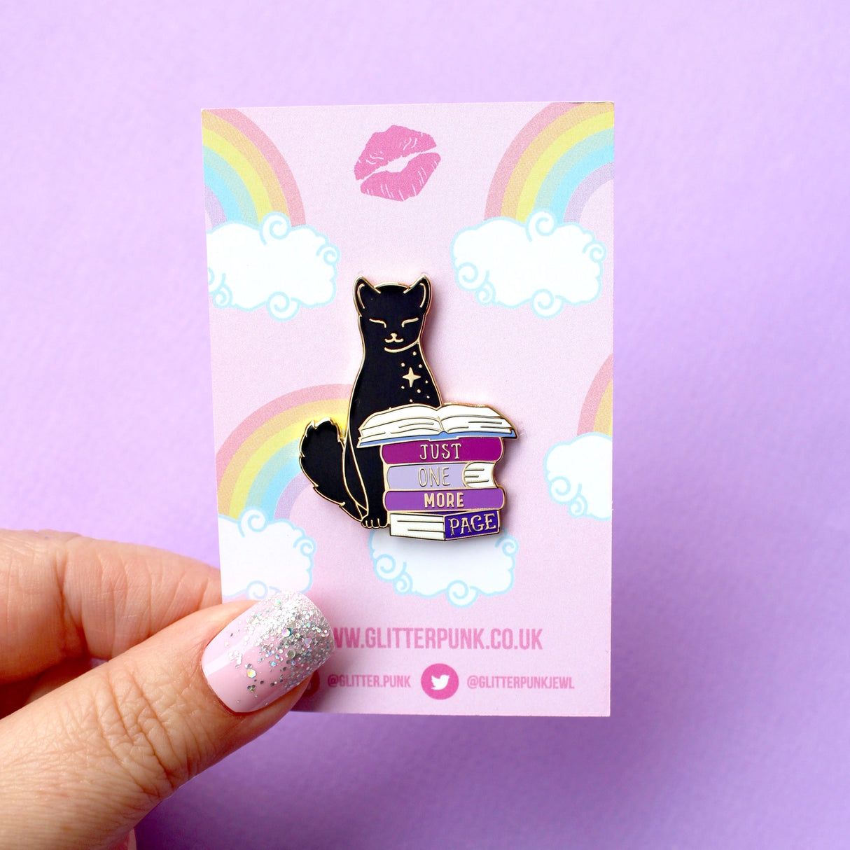 Speed reading, drooping eyes, a growing awareness you should have been in bed hours ago – avid readers everywhere will recognise the call of ‘Just One More Page…!’ 

This super cute 38mm hard gold enamel pin features a black cat reading a pile of purple books – perfect for bookworms everywhere!

Measurements: 38mm 