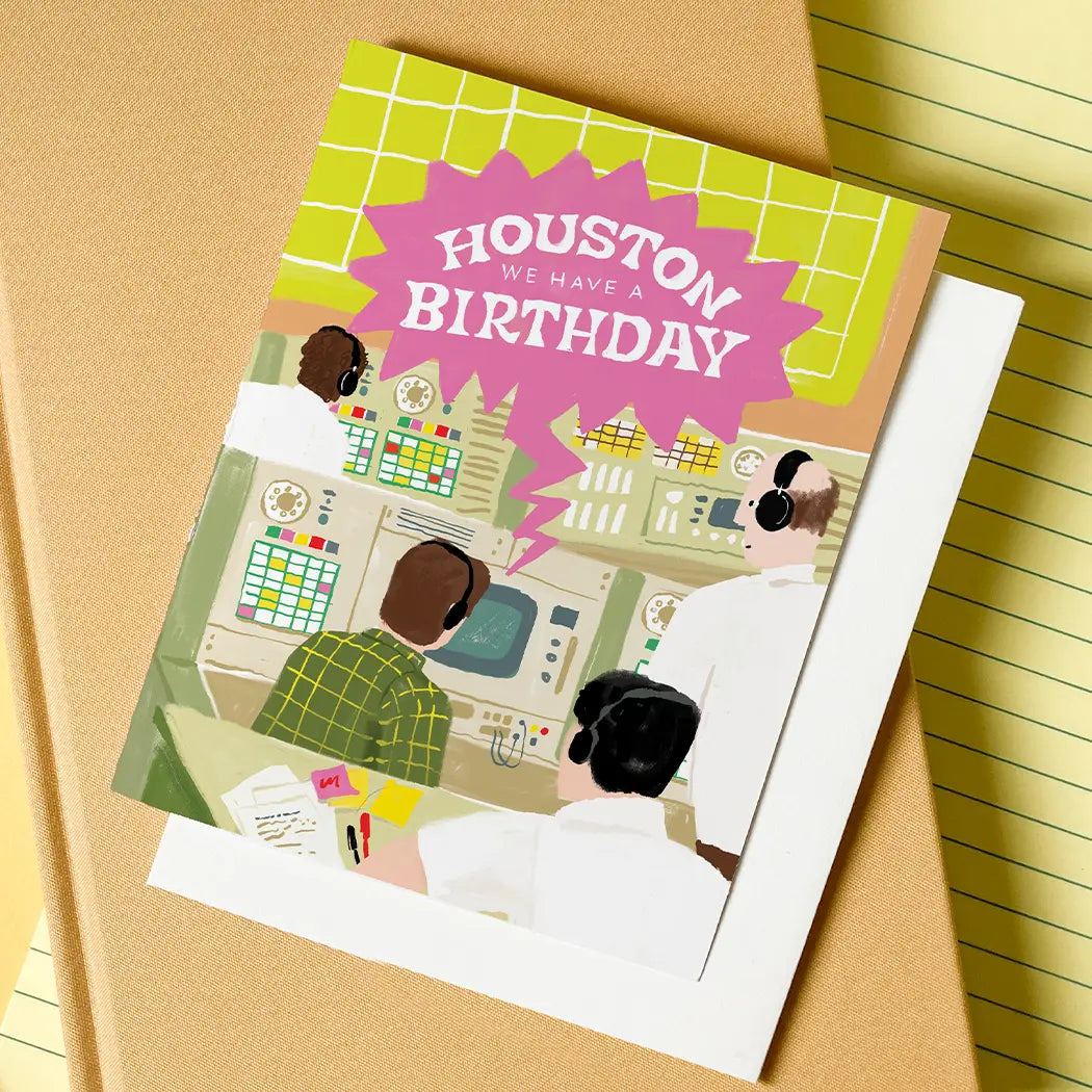 Karen Schipper Greeting Card - Houston, We Have A Birthday

Blast off into celebration mode with this retro-inspired space birthday card featuring a 1960s-style mission control scene and the cheeky message, “Houston, we have a birthday!” It’s a playful twist on a classic phrase that instantly grabs attention on a birthday card wall.

A2 folded card, 4.25" W × 5.5" L
Printed in full color on FSC® certified white cover paper
Blank interior
Single greeting card + euro-flap envelope
Packaged in cello sleeve
Pri
