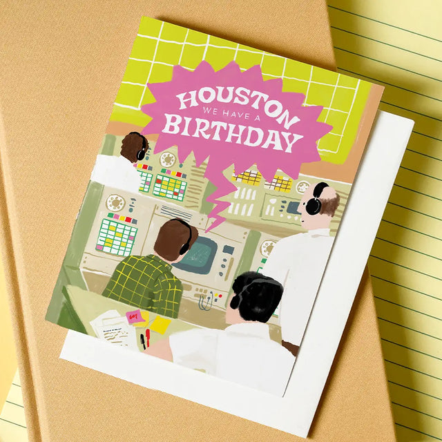 Karen Schipper Greeting Card - Houston, We Have A Birthday

Blast off into celebration mode with this retro-inspired space birthday card featuring a 1960s-style mission control scene and the cheeky message, “Houston, we have a birthday!” It’s a playful twist on a classic phrase that instantly grabs attention on a birthday card wall.

A2 folded card, 4.25" W × 5.5" L
Printed in full color on FSC® certified white cover paper
Blank interior
Single greeting card + euro-flap envelope
Packaged in cello sleeve
Pri