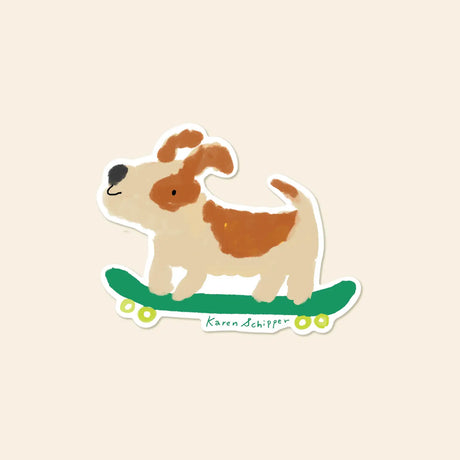 Karen Schipper Vinyl Sticker - Skateboard Dog

Playful and full of motion, Skateboarding Dog Sticker features an adorable pup cruising on a green skateboard in Karen Schipper’s whimsical illustrated style. The warm neutral palette mixed with fresh green and yellow gives this design an easy, cheerful appeal that stands out in sticker racks and giftable assortments.

Made from matte-coated, waterproof vinyl, it’s durable enough for laptops, planners, water bottles, and more. It’s an easy impulse add-on for ca