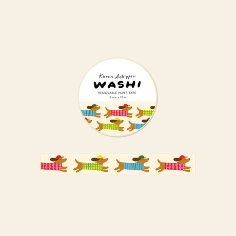 Karen Schipper Washi Tape - Dachshund Dog

Long little dachshunds in bright sweaters and tiny caps give the Dachshund Dog Washi Tape a playful, personality-filled look. This Karen Schipper decorative paper tape is a fun pick for dog lovers, stationery shoppers, and anyone drawn to cheerful desk accessories.

Tape dimensions: 15mm x 10m
Each tape is approx. 1.75” x 1.75” x 0.65”
Packaged in clear plastic with two round branded stickers on each side of the roll&nbsp;
Designed in the USA, made in China