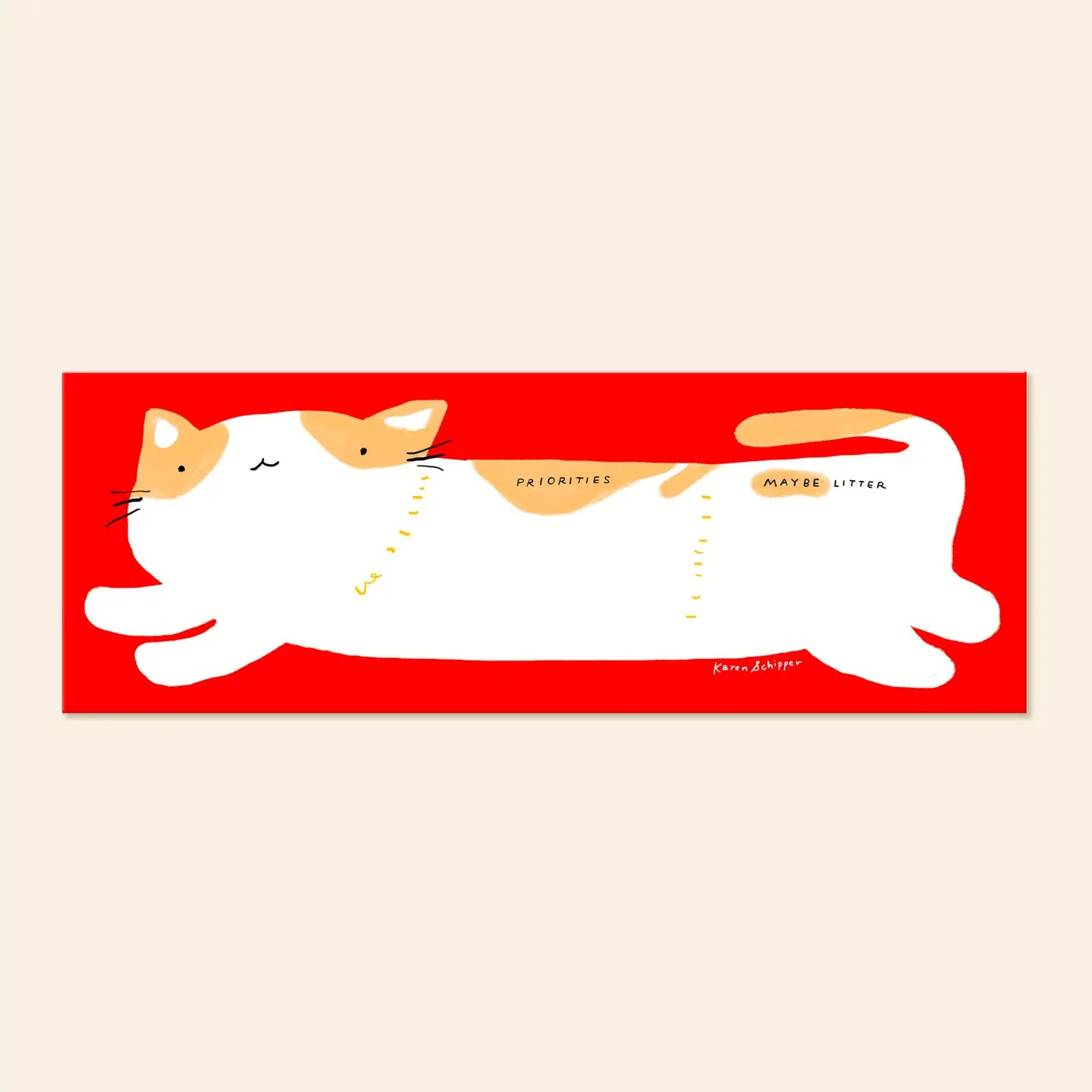 Karen Schipper Weekly Desk Planner - Cooper Cat

Planning doesn’t have to feel serious. Cooper Cat Desk Planner is a cat desk planner pad featuring a chubby white cat stretched across a bold red background with the playful sections “Priorities” and “Maybe Later” — a cute cat planner that instantly catches attention.

It comes with 52 undated sheets, enough to last you the year.
Professionally printed full color
Size: 11.75 x 4.25 inches
52 tear-off sheets with cardboard backing
Packaged in plastic sleeve an