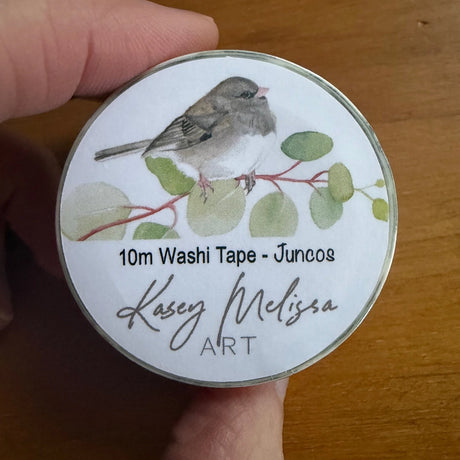 Dark eyed junco birds and butterflies washi tape. Add a bit of whimsical color to your journal, letters or scrapbooking. Put a bird on it!

• Eco-friendly, high-quality washi tape
• Size: 25.4mm x 10m
• Sold individually
• Shrink-wrapped with a coordinating hand designed label
• Hand painted design by Kasey Lewis
• Imported

Images and art copyright Kasey Melissa Art