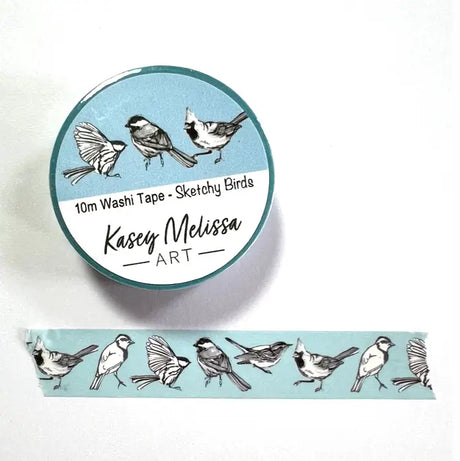 Sketchy birds on light blue background washi tape. Add a bit of color to your journal, letters or scrapbooking.

• 15mm wide
• 10 Meters long
• Printed label
• Shrink wrapped
• printed with my designs