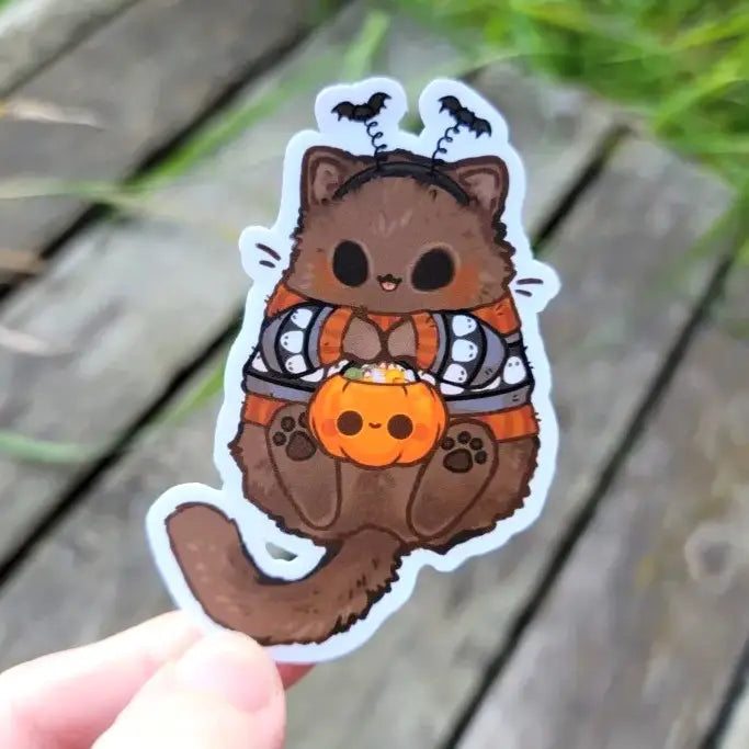 Katrina Wold Art Tiny Cat Vinyl Sticker - Halloween Trick-Or-Treat
