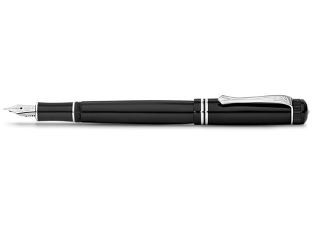 The decorative elements and proportions are based on those of the golden 1920s. This treasure of the German heyday of art, culture and science has been preserved in detail.

The fountain pen consists of more than 20 individual parts. Cap, shaft and grip section, are made of deep black acrylic (PMMA) and polished and assembled by hand.

You can choose between five nib sizes, ranging from extra fine (EF) to extra broad (BB). All nibs are made in Germany. It contains a Royal Blue ink cartridge as standard.

Ma