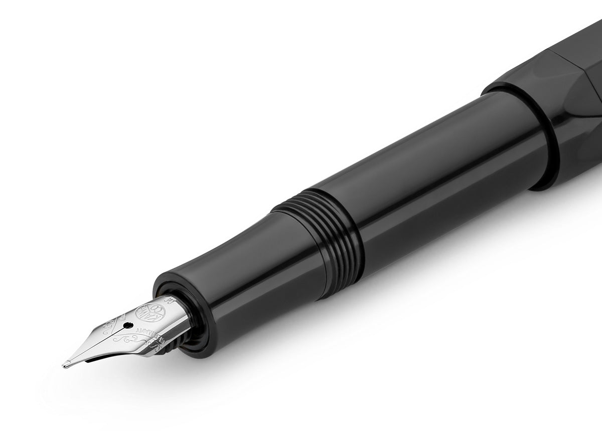 All black everything - our fountain pen in black performs brilliantly in any situation. The classic and elegant colour can be combined with various notebooks, papers and other accessories.



In 1911 something remarkable by the name of Kaweco Sport was created. The pocket fountain pen only measures 10.5 cm when closed, therefore it can easily be taken anywhere. With the cap attached, it grows to a normal size of 13 cm.

You can choose between five nib sizes from extra fine (EF) to extra broad (BB). If you'r