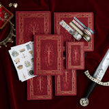 A bold, medieval-inspired notebook designed for adventurers at heart—perfect for journaling, planning, or capturing your next great story. Featuring a rich crimson vegan leather cover with intricate gold-foil detailing and a radiant sword centerpiece, this notebook feels like a treasured tome pulled from a castle library.