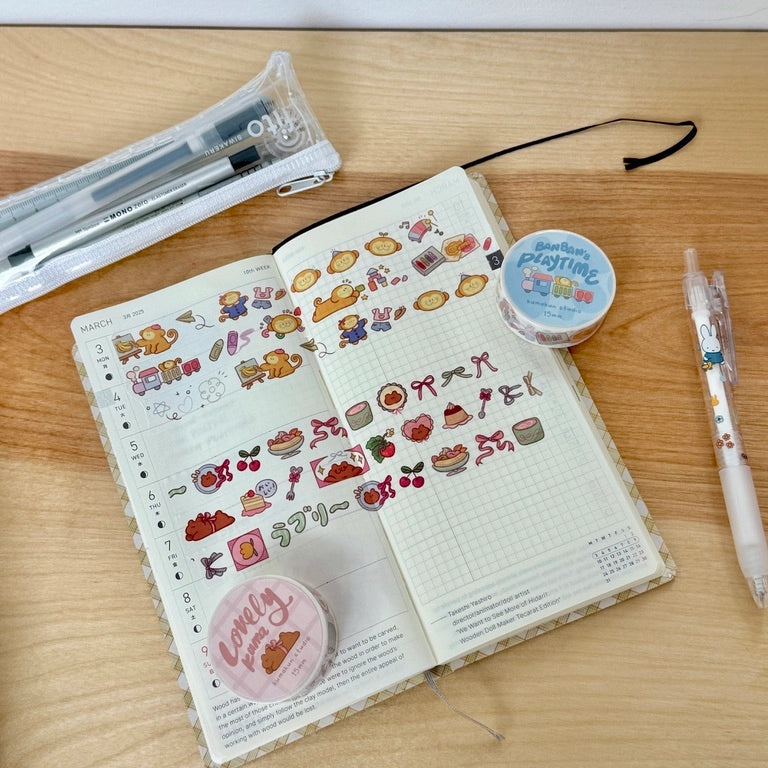 Kuma, BanBan, Shippo, and Dango in themed washi tapes of their own.

Lovely Kuma, BanBan’s Playtime, Lucky Shippo, and Dango’s Dreamy Deco

15mm washi tapes perfect for deco and using as stickers.