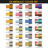 A set of 24 gorgeous metallic and pearlescent colors.
The six polarized colors, which change color depending on the angle you look at them from, are exclusive to this set.
It can be used in a wide range of ways, such as as an accent for your work.
The glittery black packaging makes it a great gift.