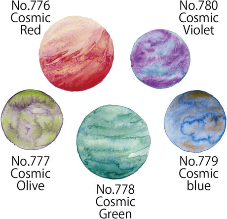 The colors of these Gansai watercolors separate to create whimsical and dreamy effects.

The degree of color separation and blurring may vary depending on the type of paper used. You can enjoy greater changes in color by dissolving the watercolors in lots of water and letting the colors separate on your palette before painting.