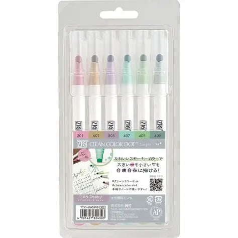 Ideal for illustrations, lettering, pointillism or stippling, scrapbooking and more! 'Dot' point mild smoky colors 6/pkg.

You can draw dots of varying sizes by adjusting the pressure applied when using. This package contains six 6.75 inch long dual-tip markers in assorted colors. Conforms to ASTM D 4236. Imported.