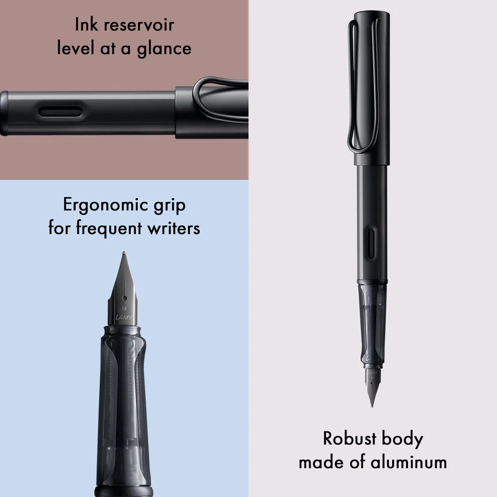 Light, lighter, LAMY AL-star: the writing classic made of resistant aluminium masters all challenges of everyday life in style. The transparent grip lies comfortably in the hand and, with an unobstructed view of the ink duct, turns the functional into a visual highlight. The series is ever inspiring with new special editions in current trendy colours and is thus an inspiring must-have in any pencil case.

Lightweight fountain pen with polished steel nib and ergonomic grip made of high-quality transparent pl
