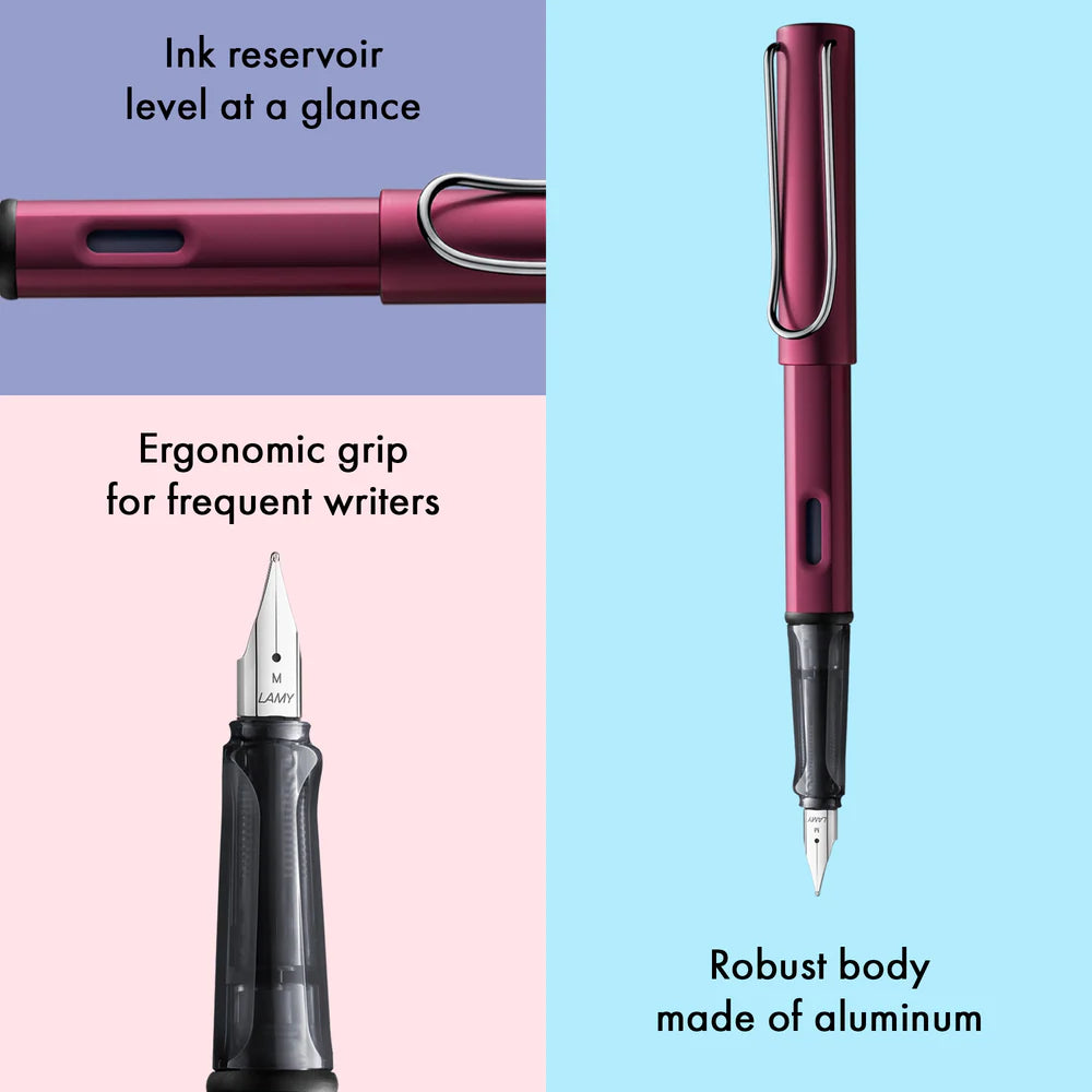 Light, lighter, LAMY AL-star: the writing classic made of resistant aluminium masters all challenges of everyday life in style. The transparent grip lies comfortably in the hand and, with an unobstructed view of the ink duct, turns the functional into a visual highlight. The series is ever inspiring with new special editions in current trendy colours and is thus an inspiring must-have in any pencil case.

Lightweight fountain pen with polished steel nib and ergonomic grip made of high-quality transparent pl