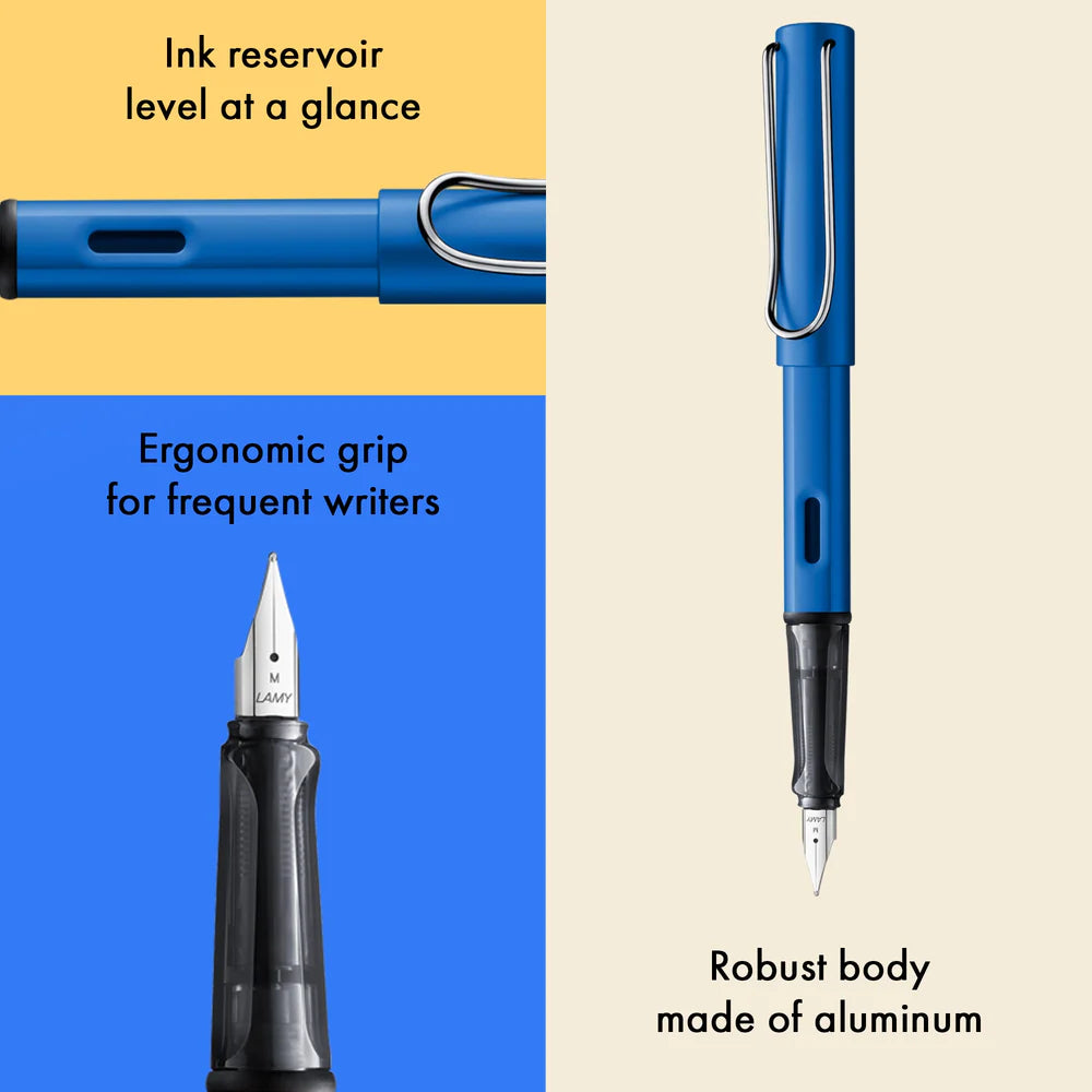Light, lighter, LAMY AL-star: the writing classic made of resistant aluminium masters all challenges of everyday life in style. The transparent grip lies comfortably in the hand and, with an unobstructed view of the ink duct, turns the functional into a visual highlight. The series is ever inspiring with new special editions in current trendy colours and is thus an inspiring must-have in any pencil case.

Lightweight fountain pen with polished steel nib and ergonomic grip made of high-quality transparent pl