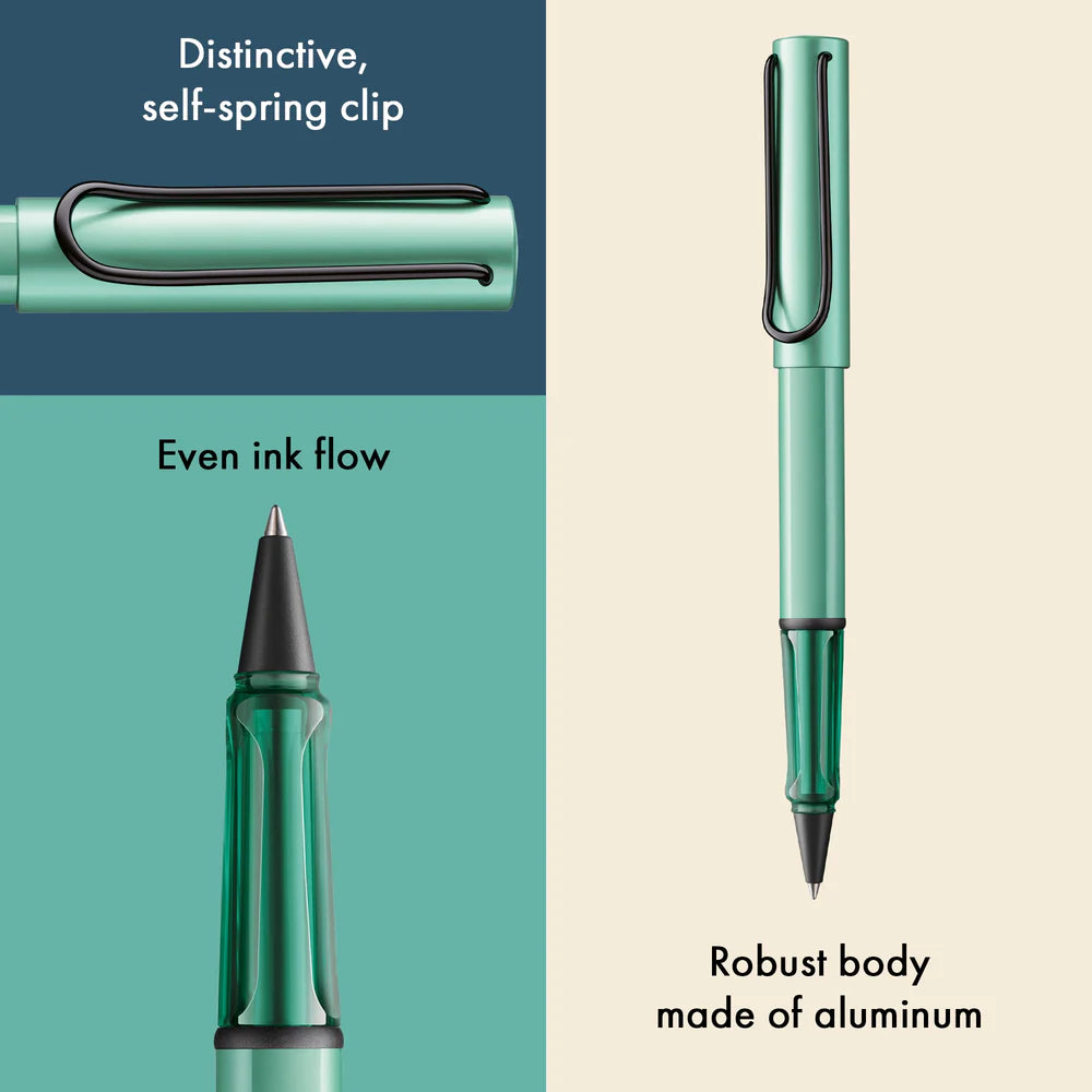 Light, lighter, LAMY AL-star: the writing classic made of resistant aluminium masters all challenges of everyday life in style. The transparent grip lies comfortably in the hand and, with an unobstructed view of the ink duct, turns the functional into a visual highlight. The series is ever inspiring with new special editions in current trendy colours and is thus an inspiring must-have in any pencil case.

Lightweight rollerball pen with ergonomic grip made of high-quality transparent plastic.

Distinctive m