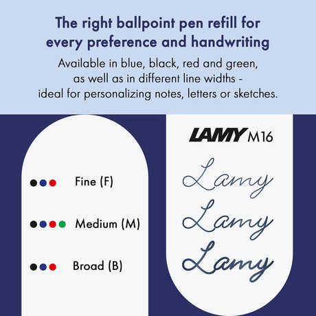 The LAMY M 16 metal ballpoint refill ensures smooth, consistent writing and a precise, refined finish – perfect for everyday use. Available in blue and black for a medium line width – ideal for personalizing notes, letters, or sketches. &nbsp;All Lamy ballpoint pens write with the Lamy LAMY M16 large-capacity refill, which can be replaced quickly and easily.

Includes 1 refill.&nbsp;
