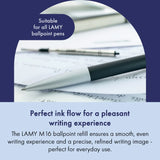 The LAMY M 16 metal ballpoint refill ensures smooth, consistent writing and a precise, refined finish – perfect for everyday use. Available in blue and black for a medium line width – ideal for personalizing notes, letters, or sketches. &nbsp;All Lamy ballpoint pens write with the Lamy LAMY M16 large-capacity refill, which can be replaced quickly and easily.

Includes 1 refill.&nbsp;