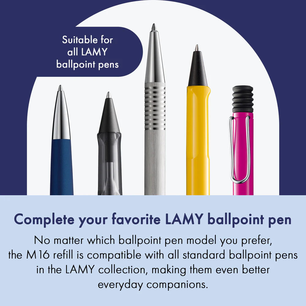 The LAMY M 16 metal ballpoint refill ensures smooth, consistent writing and a precise, refined finish – perfect for everyday use. Available in blue and black for a medium line width – ideal for personalizing notes, letters, or sketches. &nbsp;All Lamy ballpoint pens write with the Lamy LAMY M16 large-capacity refill, which can be replaced quickly and easily.

Includes 1 refill.&nbsp;