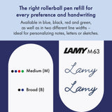 The LAMY M 63 metal rollerball refill ensures smooth, consistent writing and a precise, refined finish – perfect for everyday use. Available in blue and black for a medium line width – ideal for personalizing notes, letters, or sketches.

Refill for rollerball pens with cap.

Includes 1 refill.&nbsp;