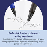 The LAMY M 63 metal rollerball refill ensures smooth, consistent writing and a precise, refined finish – perfect for everyday use. Available in blue and black for a medium line width – ideal for personalizing notes, letters, or sketches.

Refill for rollerball pens with cap.

Includes 1 refill.&nbsp;