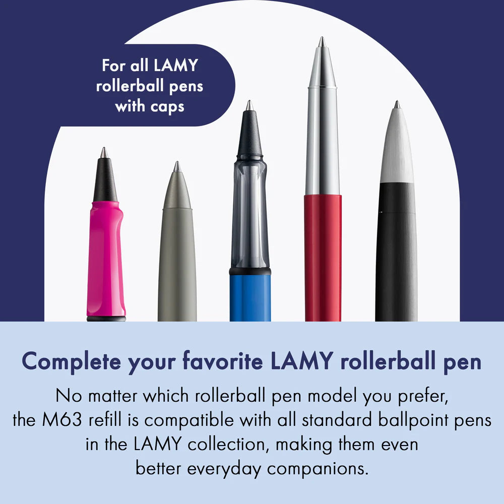 The LAMY M 63 metal rollerball refill ensures smooth, consistent writing and a precise, refined finish – perfect for everyday use. Available in blue and black for a medium line width – ideal for personalizing notes, letters, or sketches.

Refill for rollerball pens with cap.

Includes 1 refill.&nbsp;