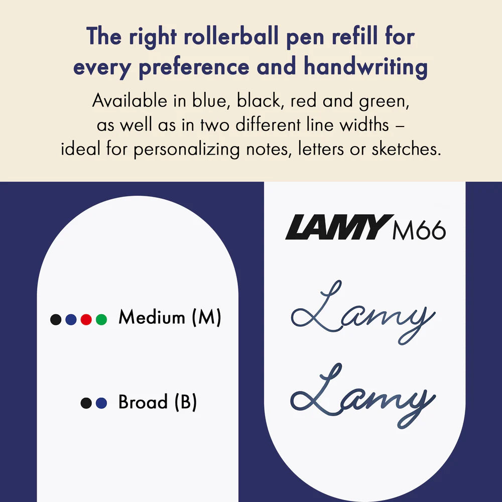 The LAMY M 66 metal rollerball refill ensures smooth, consistent writing and a precise, refined finish – perfect for everyday use. Available in blue and black for a medium line width – ideal for personalizing notes, letters, or sketches.

Refill for rollerball pens without cap and LAMY imporium.

Includes 1 refill.&nbsp;