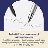 The LAMY M 66 metal rollerball refill ensures smooth, consistent writing and a precise, refined finish – perfect for everyday use. Available in blue and black for a medium line width – ideal for personalizing notes, letters, or sketches.

Refill for rollerball pens without cap and LAMY imporium.

Includes 1 refill.&nbsp;