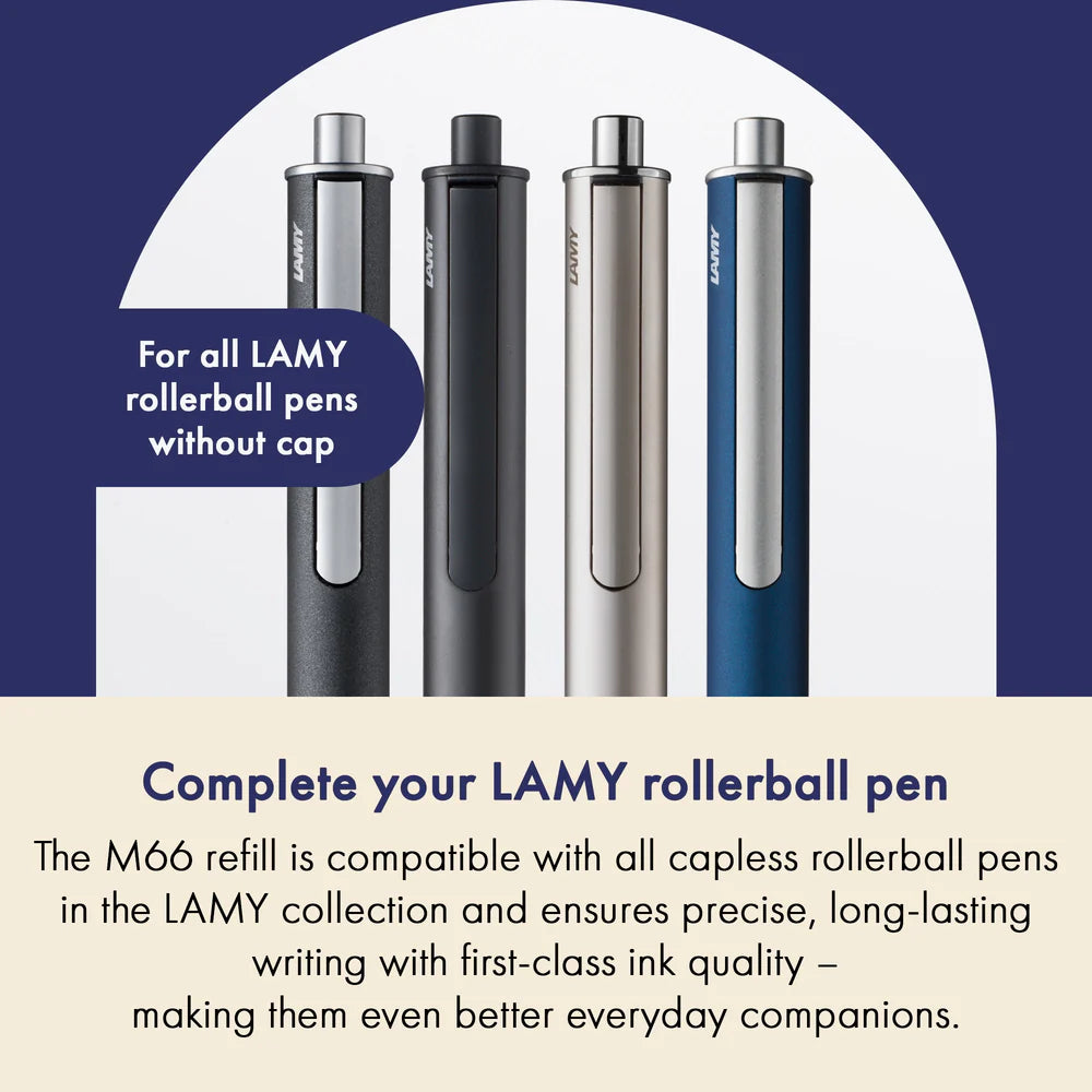 The LAMY M 66 metal rollerball refill ensures smooth, consistent writing and a precise, refined finish – perfect for everyday use. Available in blue and black for a medium line width – ideal for personalizing notes, letters, or sketches.

Refill for rollerball pens without cap and LAMY imporium.

Includes 1 refill.&nbsp;